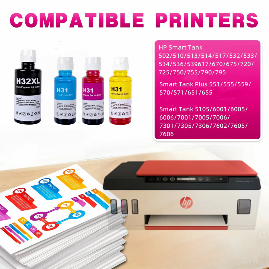 HP 32XL 31 Nachfüll-Tinte Multicolor für HP Smart Tank 5105 6001 7001 670 720 750 790 Inkjet-Drucker - Bild 2