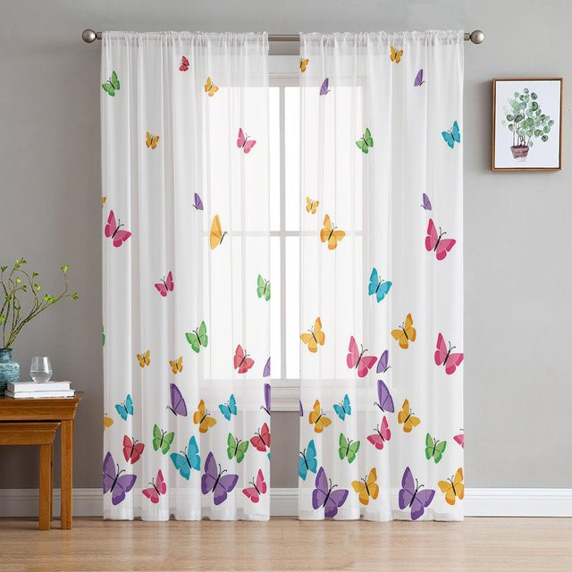 Transparente Tüll-Voile-Organza-Vorhänge mit bunten Schmetterlingen in Weiß, B: 135 cm, H: 137 cm - Bild 1