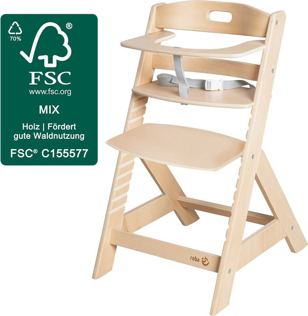 Roba Hochstuhl Liv Up in Beige und Grau aus Holz mit höhenverstellbarer Sitzfläche und 3-Punkt-Gurt - Bild 1