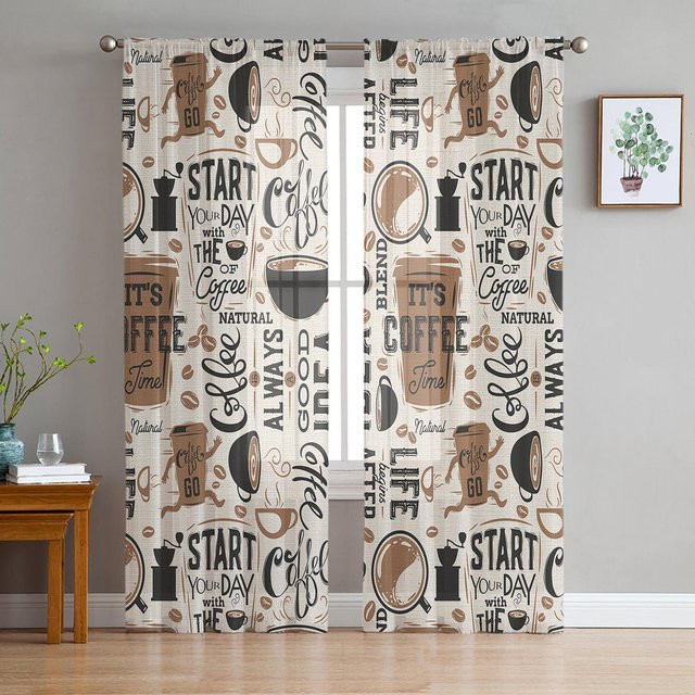Transparente Voile-Vorhänge mit Kaffee-Motiv aus Organza für Wohnzimmer und Küche, Farbe: Multicolour, Breite: 135 cm, Höhe: 160 cm - Bild 1