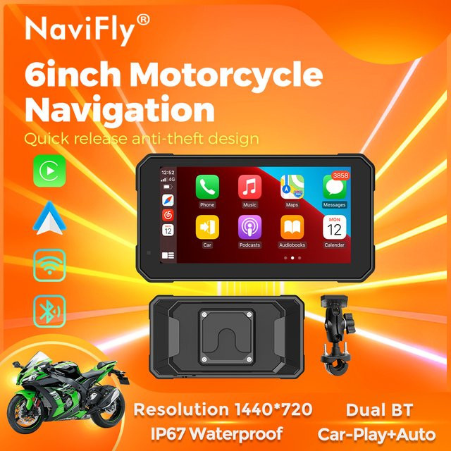 NaviFly Tragbares Motorrad-GPS-Navigationsgerät mit 6 Zoll Display, IP67 Wasserdicht, Dual Bluetooth, Wireless CarPlay und Android Auto, Schwarz - Bild 1