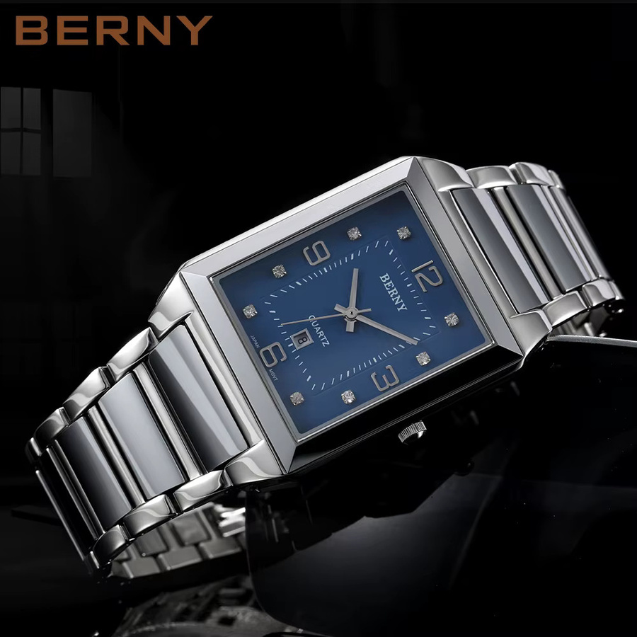 BERNY Armbanduhr Edelstahl, Quarz, eckig, Saphirglas, Blau, Herren - Bild 3