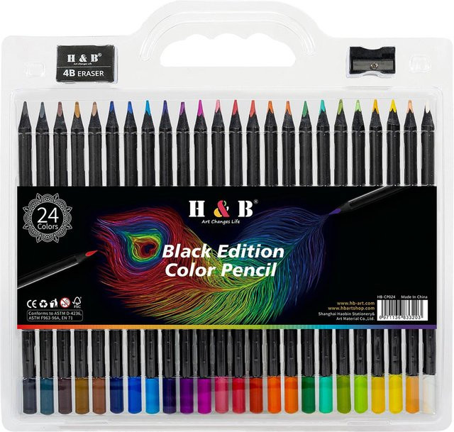 H&B Buntstifte auf Ölbasis in 24 leuchtenden Farben, vorgespitzt mit 3,3 mm Mine für Skizzen und Zeichnungen, Multicolor und Schwarz - Bild 1