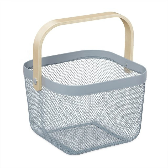 Relaxdays Drahtkorb Aufbewahrungskorb aus Metall und Holz in Blau und Grau, B: 17,5 cm, T: 26 cm, H: 24,5 cm - Bild 1