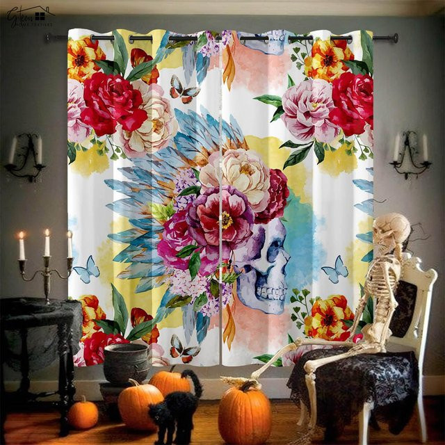 Yiran Furniture Totenkopf Rose Vorhänge Retro Floral, 2er Set, Multicolor, Breite: 50 cm, Höhe: 130 cm - Bild 1