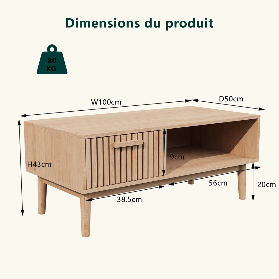 Anajqaqia Couchtisch aus Holz mit offenen Regalen und Schubladen, rechteckiger Aufbewahrungstisch in Holzfarbe, B/T/H: 100 x 50 x 43 cm - Bild 2