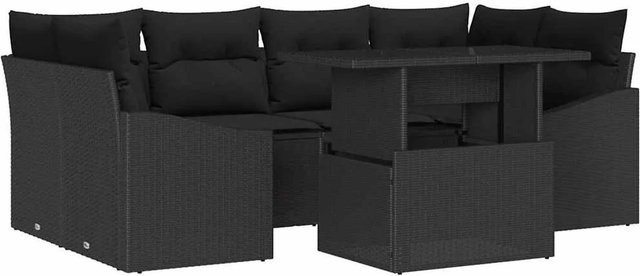 vidaXL Garten-Sofa-Set aus Poly Rattan in Schwarz, 7-teiliges L-Shape Lounge-Set mit Polstern und integriertem Stauraum - Bild 1