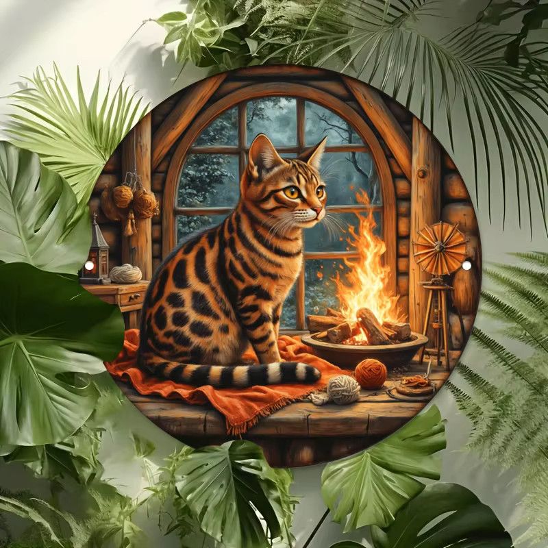 Potdemiel Vintage Aluminium-Wandschild Bengal Cat Fireside Cozy Scene, B/H: 20,32 x 20,32 cm - Bild 4