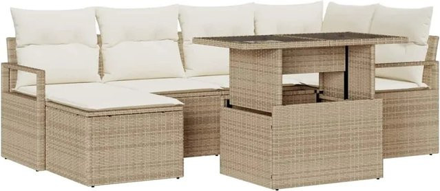 vidaXL Garten-Sofa-Set 7-tlg in Beige mit Kissen, L-Form, wetterfest und UV-beständig - Bild 1