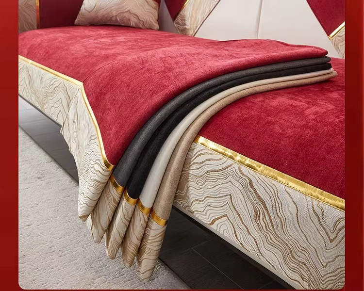 Noblelightrain Rutschfester Sofabezug aus rotem Chenille mit Goldrand für L-förmige Sofas - Bild 3