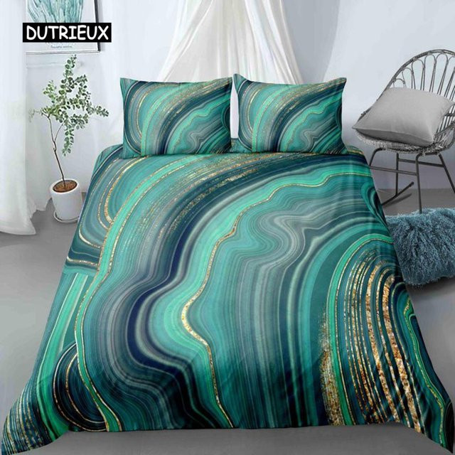 Bettwäsche-Set aus Mikrofaser mit abstraktem Marmor-Design von Binchi Outdoor Product in Mint, Gold, Türkis und Blau, B/H: 135 x 200 cm - Bild 1