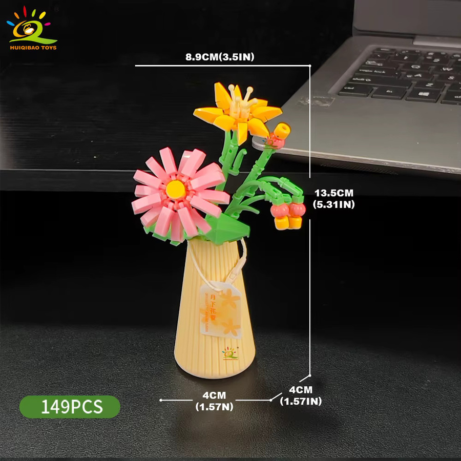 HUIQIBAO Blume mit Topf, Mikro-Baustein, Sonnenblume, Mini-Modell, Set - Bild 4