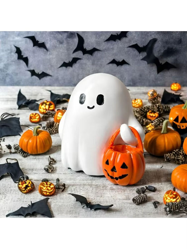 Niedliche Halloween-Geisterstatue mit Kürbis aus weißem Kunstharz für die Dekoration in Innenräumen und im Garten - Bild 7