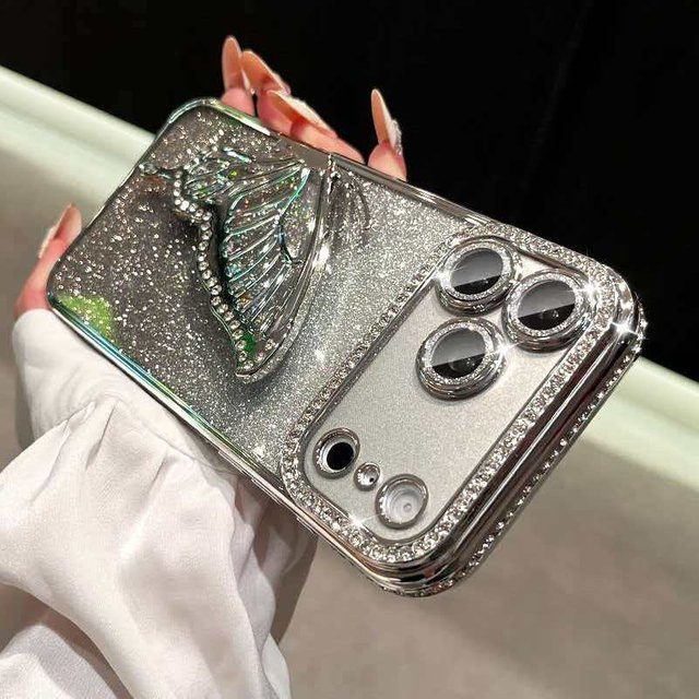 Silikon Handyhülle mit Schmetterling-Design und Ständer-Funktion für Apple iPhone 11 bis 17 Pro Max, Farbe: Silber - Bild 1
