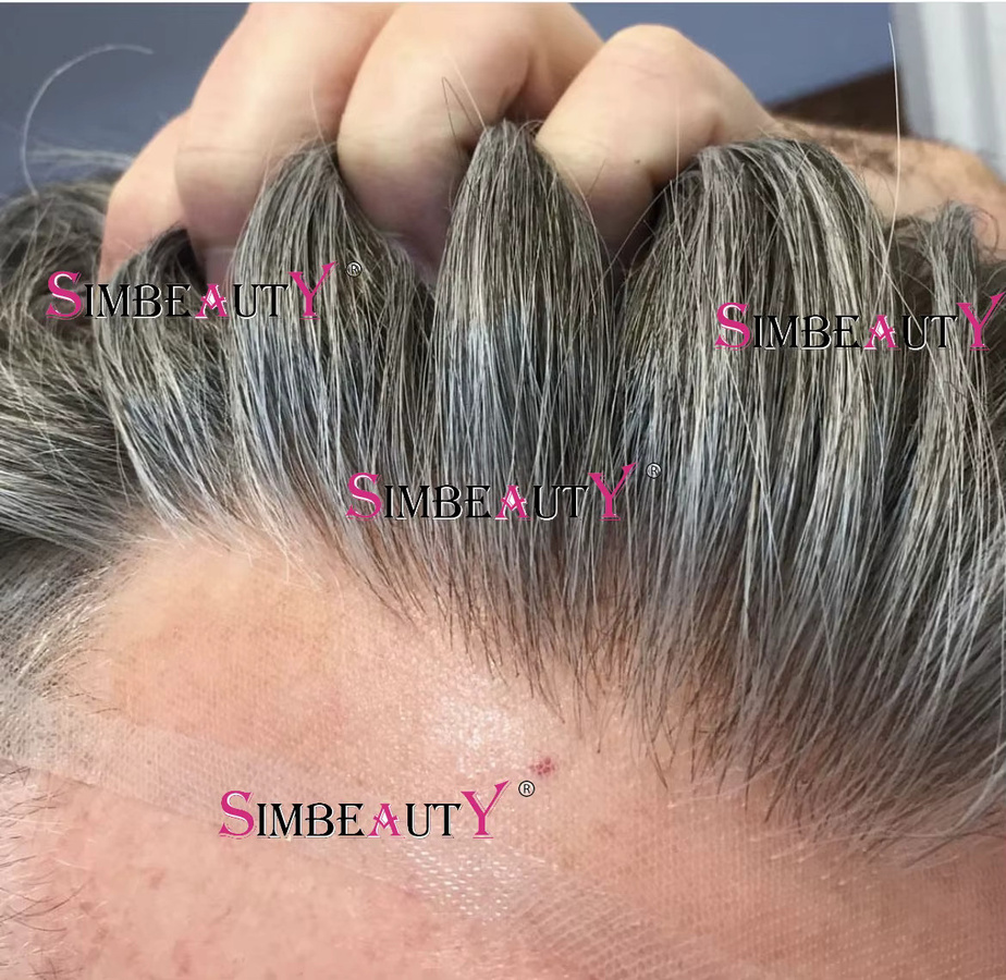 simbeauty Herren Toupet, Grau Schwarz, Echthaar, Frankreich Spitze & PU - Bild 2