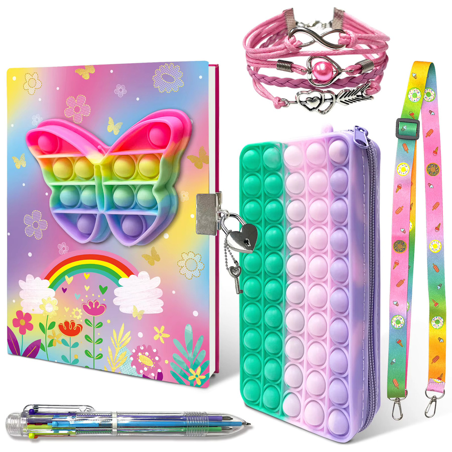Pop Fidget Journal Set mit abschließbarem linierten Notizbuch, rosa Armband, 6 mehrfarbigen Kugelschreibern und Federmäppchen in Pink und Multicolour - Bild 1