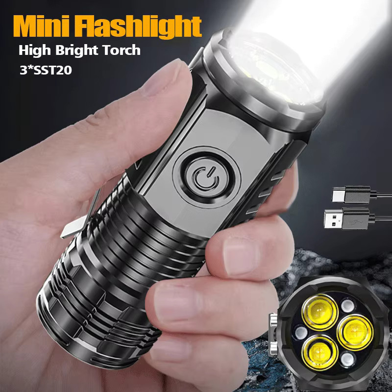 XIWANGFIRE Mini LED Taschenlampe mit 3x F350 LEDs, USB-C wiederaufladbar, Schwarz, mit Magnet und 5 Modi - Bild 2