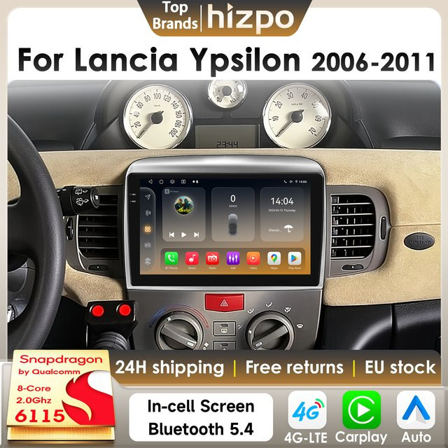 Hizpo Android 14 Autoradio für Lancia Ypsilon 2006-2011 mit 8 Kernen, Snapdragon 6115, GPS, 4G, Carplay und 360 Kamera in Schwarz - Bild 1