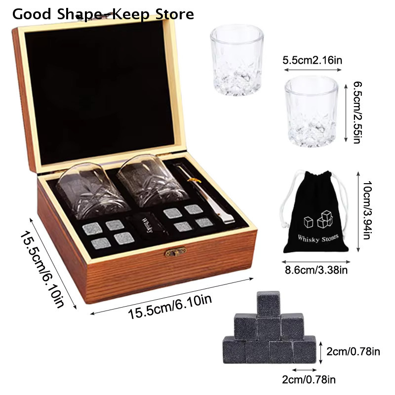 HOUKEA Whisky-Set mit 8 Granit-Eiswürfeln und 2 Gläsern in einer braunen Holzbox - Bild 5