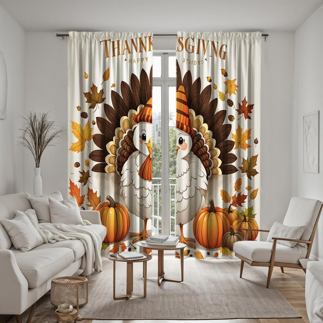2er-Set Thanksgiving Vorhang mit Kürbis- und Truthahn-Motiv in Grün und Weiß, digital bedruckter Dekovorhang für Wohnzimmer und Schlafzimmer, B: 132 cm, H: 160 cm - Bild 1