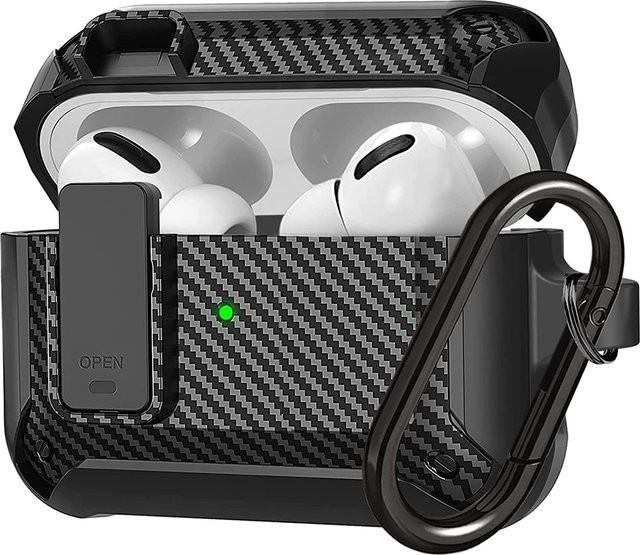 Carbon Fiber Hard Shell Case für AirPods Pro 2. Generation mit Secure Lock Clip und Schlüsselanhänger, Schwarz - Bild 1
