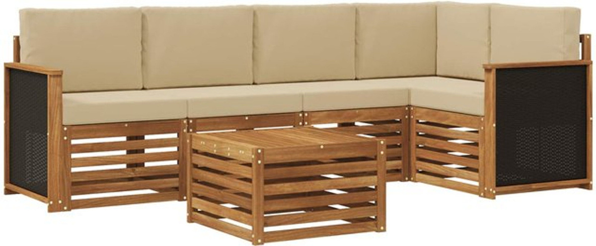 vidaXL Ecksofa Set 5-teilig aus massivem Akazienholz und Polyester in Natur, Beige und Weiß, modern und wendbar - Bild 1