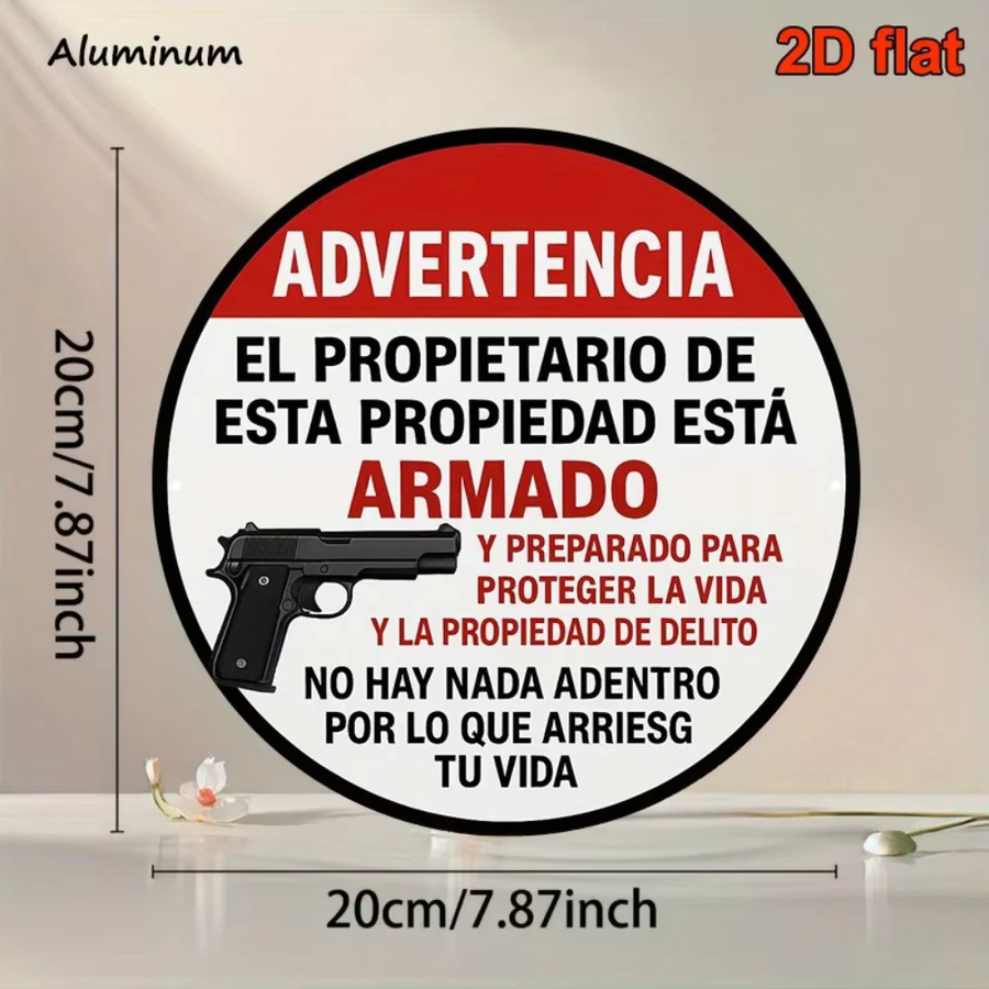 Bilinguales Spanisch-Englisch Aluminium-Schild Armed Homeowner im Vintage-Stil von CIFBUY, rund, Durchmesser: 20,32 cm - Bild 2