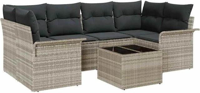 vidaXL Garten-Sofa-Set 7-teilig aus Polyrattan in Hellgrau mit L-Form und Polsterkissen - Bild 1