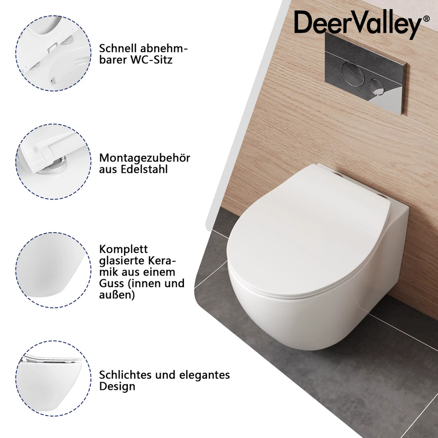 DeerValley Randlose Hängetoilette aus Keramik mit 360 Grad Drehfunktion und Soft-Close Sitz in Weiß, Länge: 53 cm - Bild 4