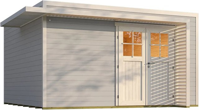 Weka Gartenhaus Amberley mit Doppeltür in Grau-Weiß, Flachdach aus Holz, B/T: 400 x 400 cm - Bild 1