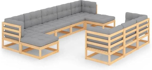 vidaXL 10-tlg. Garten-Lounge-Set aus massivem Kiefernholz in Natur mit grauen Polsterkissen - Bild 1
