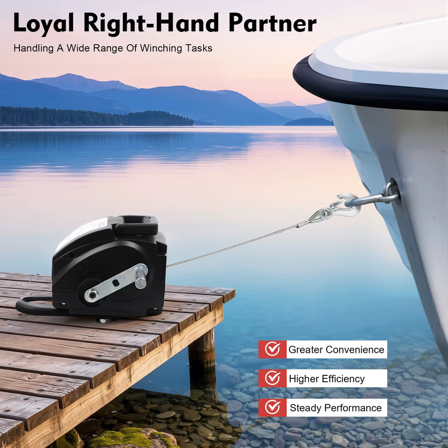 Bymaocar Tragbare Elektrowinde 12V 300W für Boote und Anhänger, 9,2m Seillänge, Schwarz, inklusive Montageplatte, Handkurbel und Kabelfernbedienung - Bild 5
