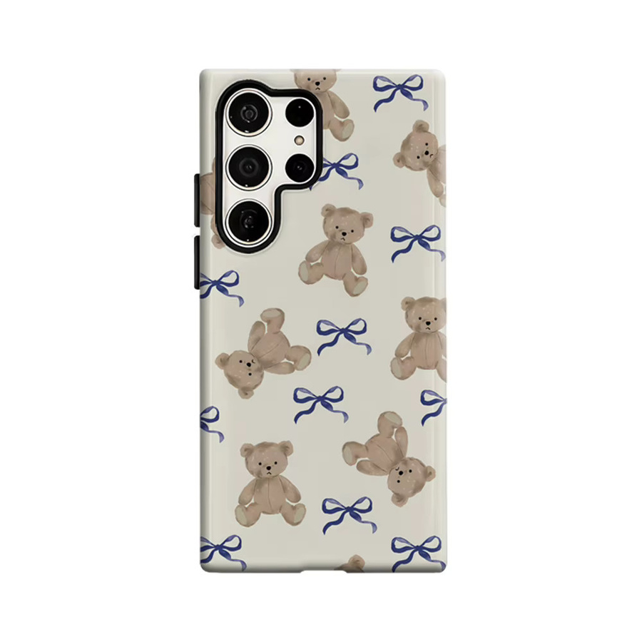 Stoßfeste Tan Bear & Blue Bow Handyhülle für Samsung Galaxy S25 Ultra, S24 und S23 Ultra Plus in Beige und Blau mit doppellagiger Rückseite - Bild 2