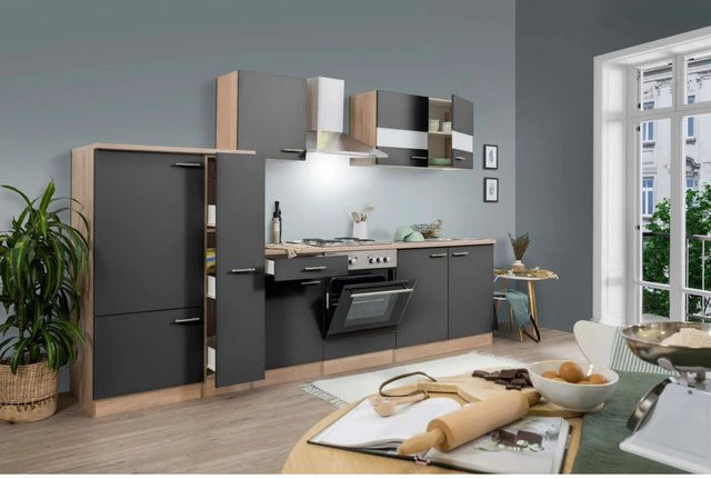 Respekta Küchenzeile Grau-Eiche Sägerau ohne Elektrogeräte mit Glastüren und Soft-Close-Funktion, Breite: 300 cm - Bild 1