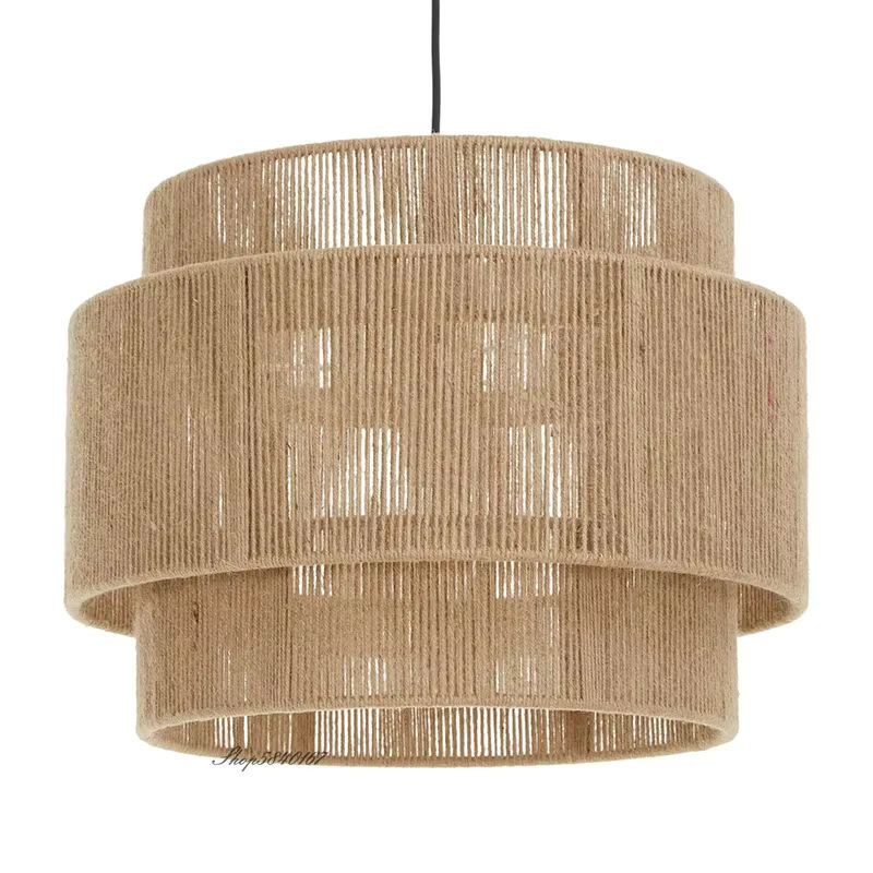 HomeLover Rattan-Pendelleuchte im japanischen Vintage-Stil aus Holz und Hanfseil, Farbe Braun/Schwarz, Zylinderform - Bild 3