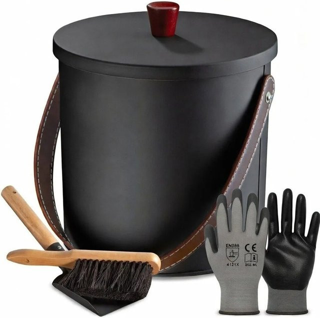 BLACK OAK Ascheeimer TOBA Schwarz aus Metall mit Deckel, Schaufel und Handfeger, Volumen: 5 l - Bild 1