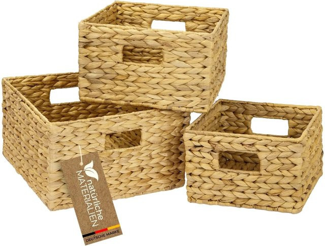 HMF Aufbewahrungskorb Set aus Wasserhyazinthe in Natur, 3er Set, quadratisch, mit Griffen, Farben: Braun und Beige - Bild 1