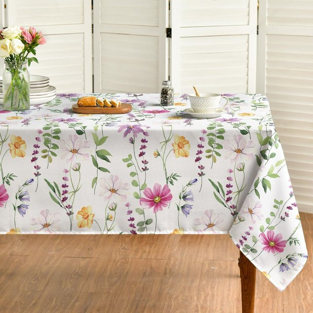 Wasserdichte Tischdecke von JINGYUE Pet mit Frühlings-Wildblumen- und Schmetterlingsmuster, weiß, B/B/H: 140 x 90 x 0 cm - Bild 1