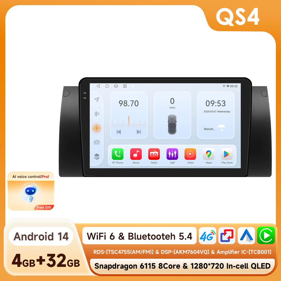 OSSURET Android 14 Autoradio mit GPS, Octa Core 6115, 4G-LTE, WLAN und Bluetooth für BMW 5er E39, X5 E53 und M5 in Schwarz - Bild 7