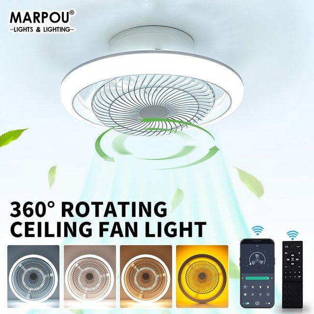 MARPOU Moderner LED-Deckenventilator in Weiß mit 360 Grad Rotation, 6-Gang Steuerung, dimmbarer Beleuchtung und Fernbedienung sowie App-Steuerung - Bild 1