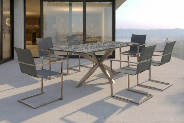 OUTFLEXX Garten-Essgruppe in Silber mit 6 gepolsterten Freischwingern, Tisch aus Granit und Edelstahl mit Teak-Armlehnen, B/T: 200 x 100 cm - Bild 1