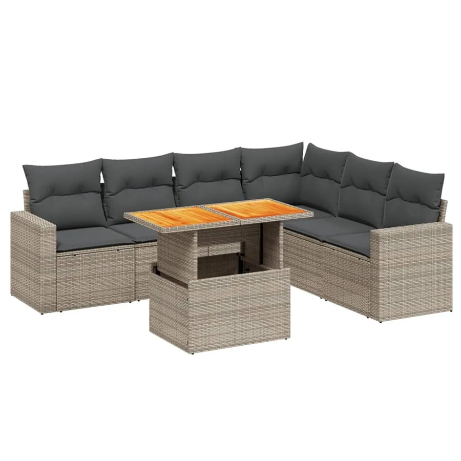 vidaXL 7-teilige Garten-Sofagarnitur in L-Form aus Poly-Rattan und Akazienholz in Grau mit Kissen - Bild 2