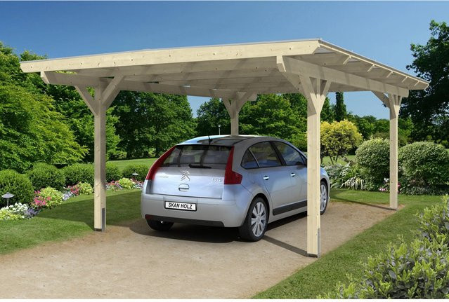 Skan Holz Carport Odenwald Flachdach aus Fichte Leimholz in Beige mit Doppelstegplatten B/T: 428 x 648 cm, Höhe: 238 cm - Bild 1