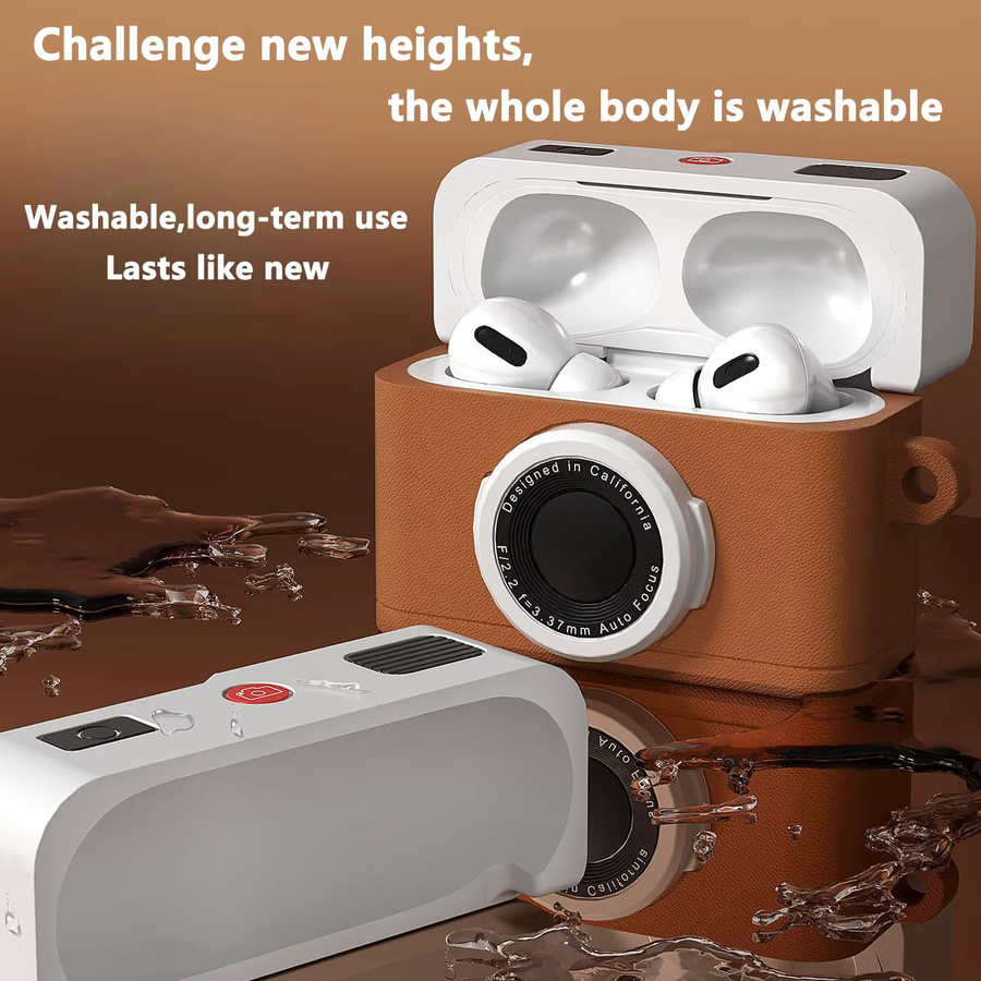 Silikon Schutzhülle im 3D-Retro-Kamera-Design für Apple AirPods Pro 3 inklusive Reinigungswerkzeug und Karabiner in Orange und Braun - Bild 1