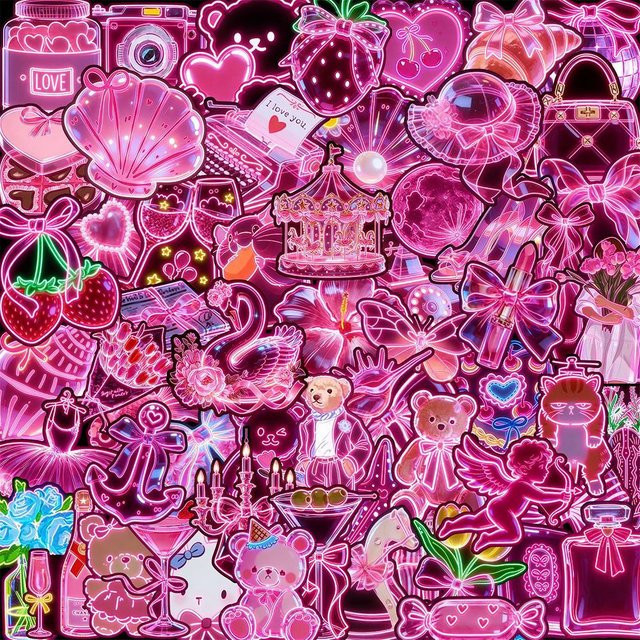 Wasserdichte Neon-Stil Rosa Cartoon-Aufkleber für Scrapbooking, Laptop und Telefon, Ästhetische DIY-Aufkleber aus Kunststoff - Bild 1