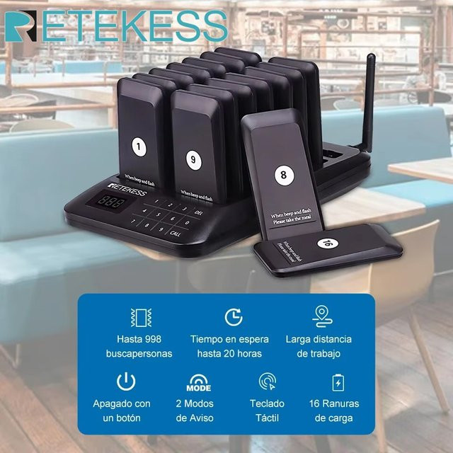 RETEKESS TD157 Drahtloses Anrufsystem in Schwarz mit 16-Kanal-Summer und Beeper für Gastronomie und Hotels - Bild 1