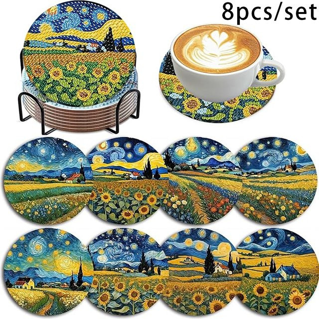 8-teiliges DIY-Diamantkunst Set mit Acryl-Untersetzern in Multicolor und Landschaftsmuster inklusive Halterung - Bild 1