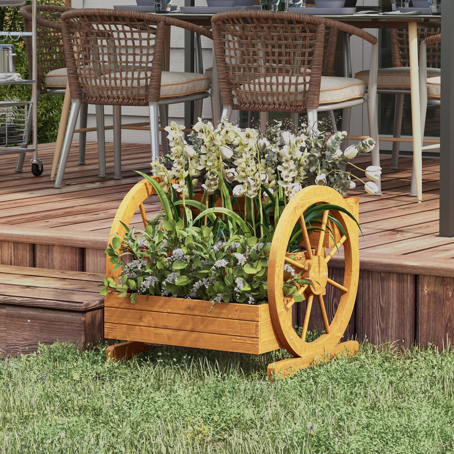 Outsunny Blumenkasten mit Wagenrad aus Tannenholz in Teak, 3 Etagen, wetterbeständig und wasserabweisend, Farbe: Braun, B/T/H: 61 x 62 x 57 cm - Bild 2