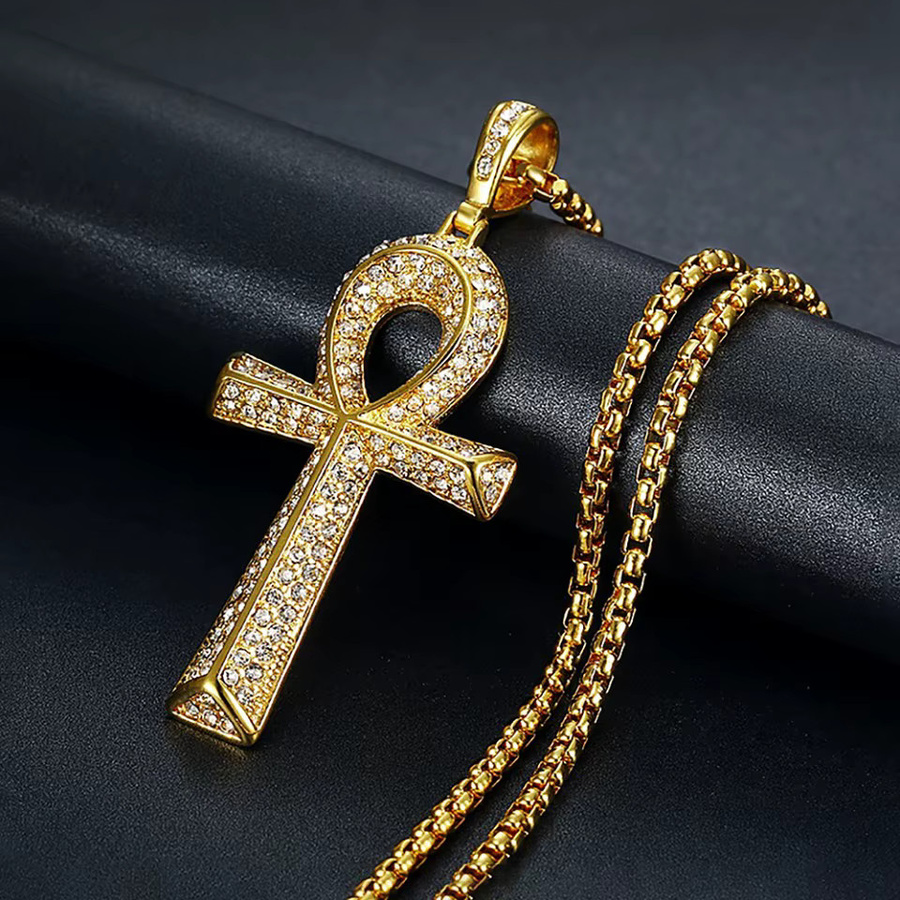 owlucky Ankh Kreuz Anhänger Halskette, Edelstahl, Gold, Unisex - Bild 1