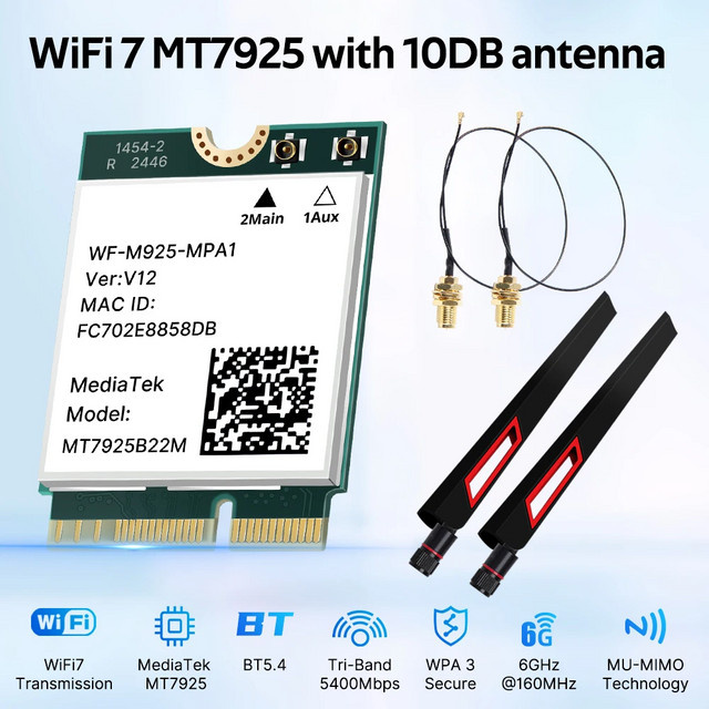 Fenvi WiFi 7 Netzwerkkarte MT7925 mit Bluetooth 5.4, M.2 NGFF Drahtloser Adapter, Tri-Band 2,4G/5G/6GHz mit 10dBi Antenne - Bild 1